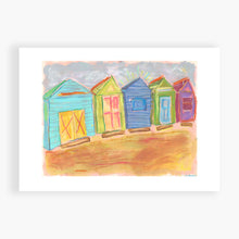 Load image into Gallery viewer, Printed Card - Beach Boxes - This is my friend’s boat shed on the beach at Mt Martha in Victoria, Australia. I spend December 2019 there, and gave them this painting for Xmas. (here is a photo of me at the boat shed)