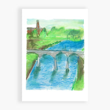 Load image into Gallery viewer, Printed Card - Elora Bridge I painted this with Judy on the Badley Bridge in Elora, before they tore it down. While I was painting this, all kinds of people drove by and honked and yelled Hi to me. Here is a photo of us on the bridge.
