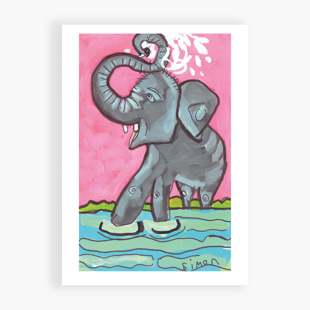 SimonArt Asian Elephant Having a Bath Print